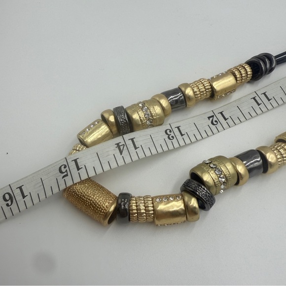 Chico’s Chunky Gold-Tone Bead Necklace on Leather Cord with Rhinestones - Picture 7 of 8